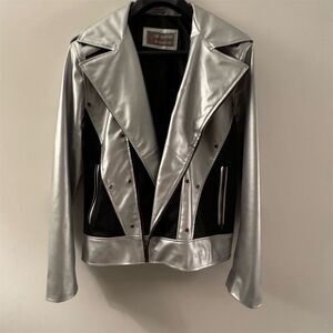 Vintage Leather Silver Black Motorcycle Jacket Unisex S